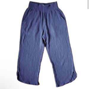 Marine Layer Gauze Pants Sz L Blue Indigo Wide Leg Resort Crop Pockets Cotton